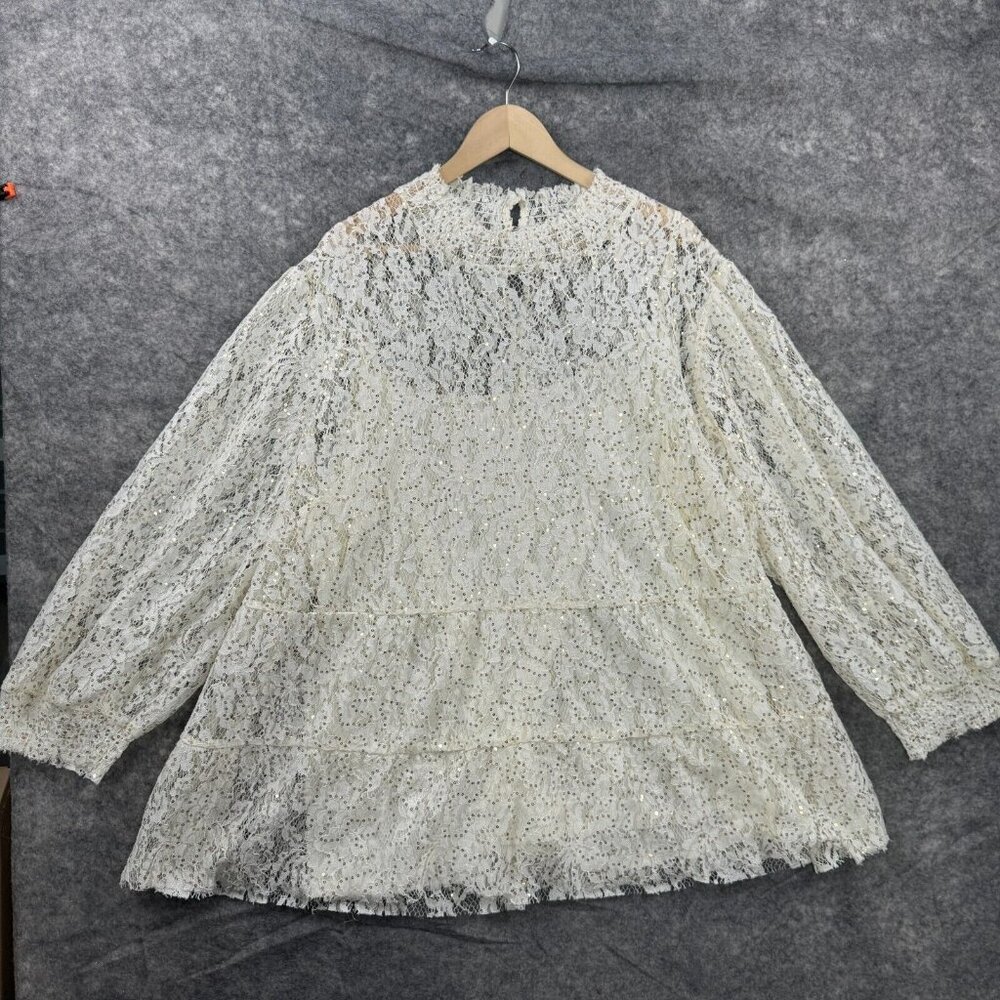 Cato Top Womens 26 / 28W Cream Sheer Lace Sequin High Neck Babydoll Cottage NEW